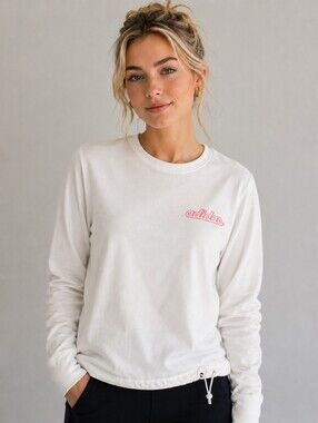 Adidas White Crewneck Sweatshirt Pink Logo Drawstring Hem Size Large Athleisure